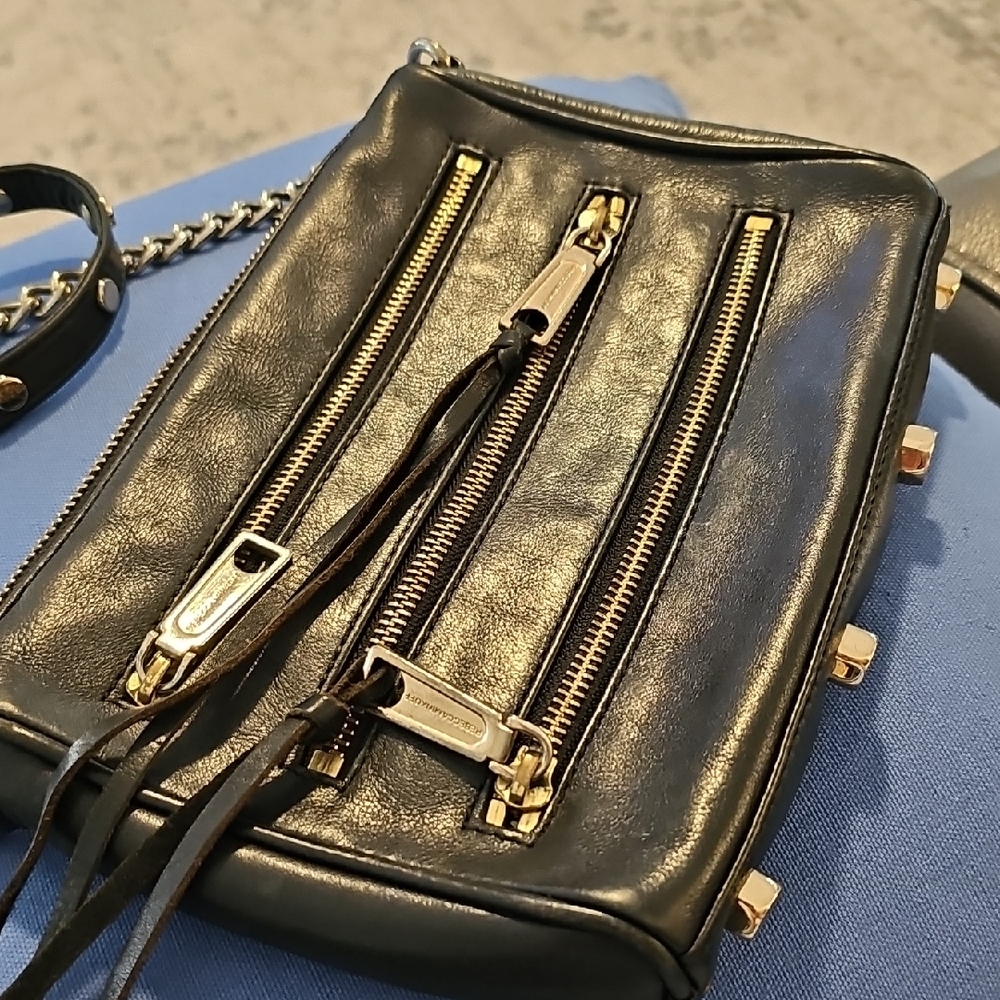 REBECCA MINKOFF, black Leather‎ Crossbody Bag. 5 Zipper.